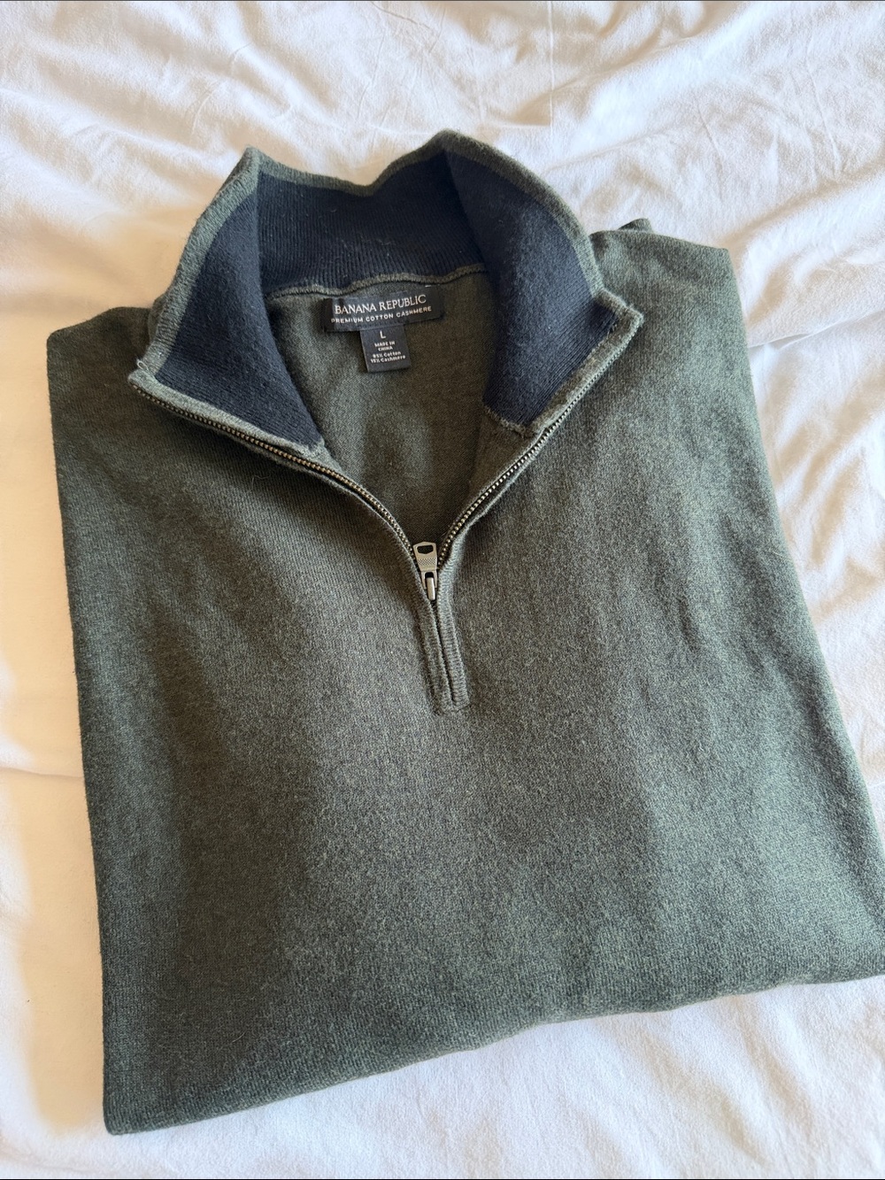 Banana Republic Men's Olive Green Quarter-Zip Sweater with Dark Collar